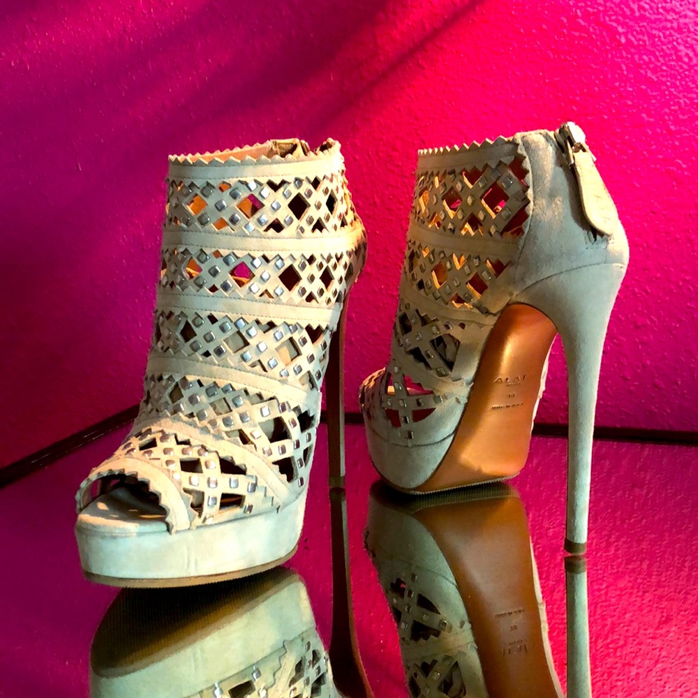 ALAIA Beige Studded Suede Peep Toe Heel, Size 38
